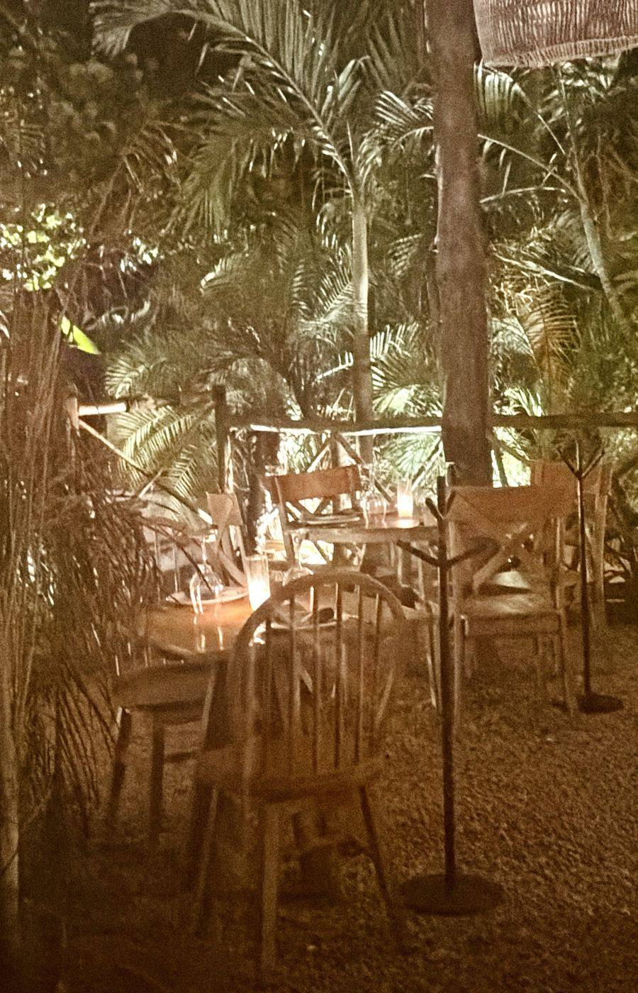 A candlelit table set for dinner on a terrace surrounded by palms at night